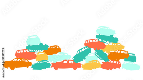 Damaged car pile in wrecking yard colorful vector background isolated