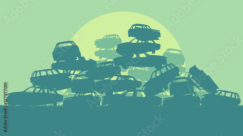 Cars in salvage junkyard in evening with sunset vector