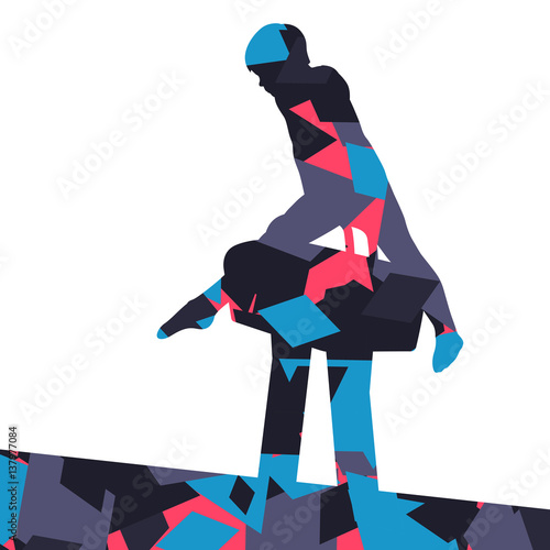 Active children boy sport silhouette on pommel horse in abstract mosaic background illustration