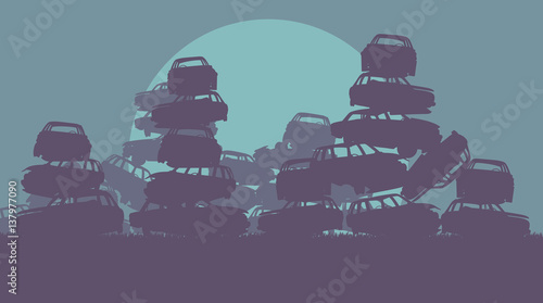 Cars in salvage junkyard in evening with sunset vector