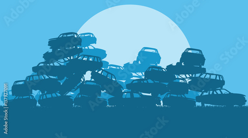 Cars in salvage junkyard in evening with sunset vector