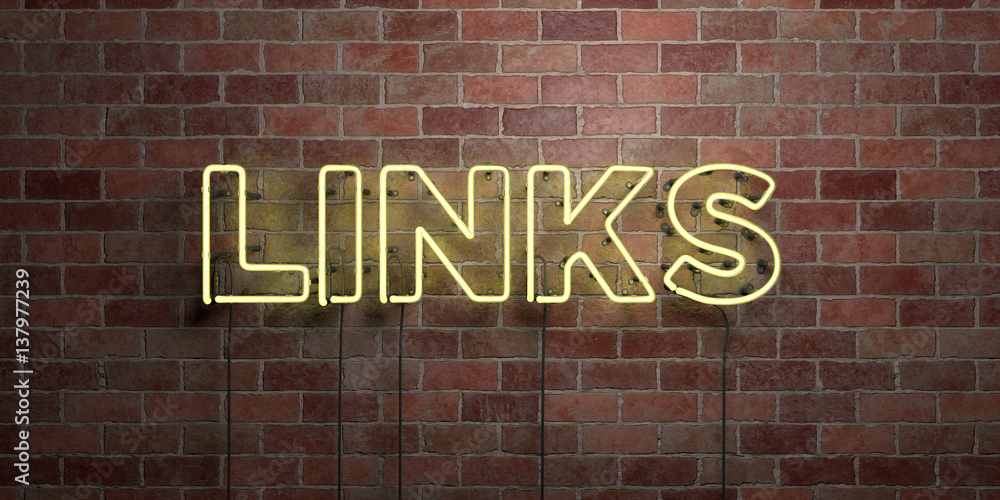 Obraz premium LINKS - fluorescent Neon tube Sign on brickwork - Front view - 3D rendered royalty free stock picture. Can be used for online banner ads and direct mailers..