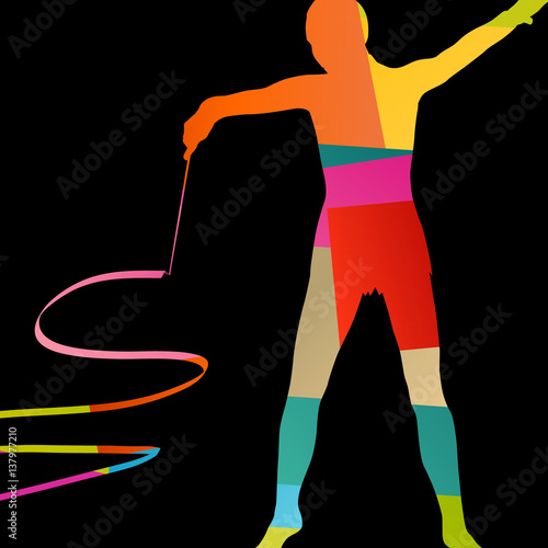 Girl calisthenics sport gymnast silhouette acrobatics flying ribbon abstract background illustration