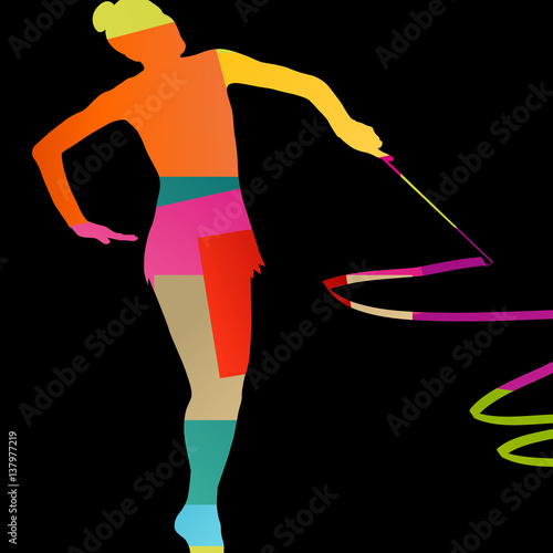 Girl calisthenics sport gymnast silhouette acrobatics flying ribbon abstract background illustration