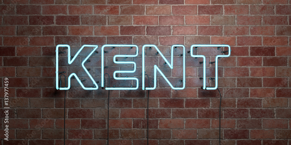KENT fluorescent Neon tube Sign on brickwork Front view 3D
