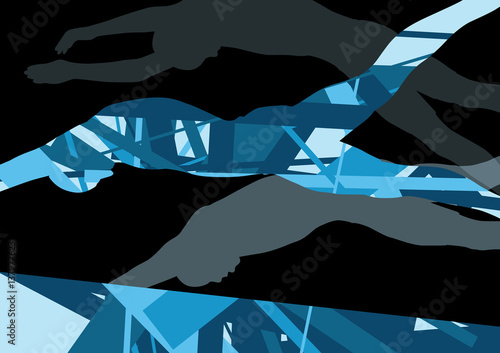 Active young swimmers diving and swimming in water sport pool silhouettes vector abstract background