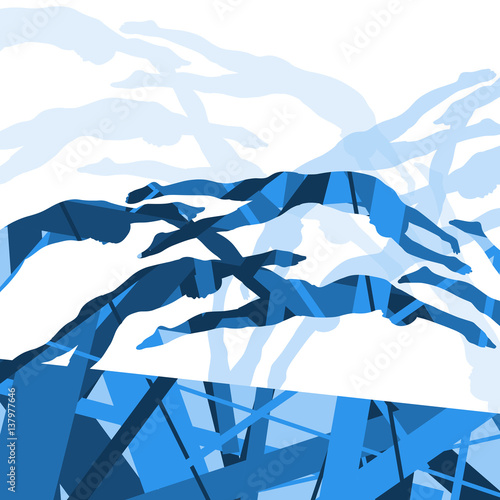 Active young swimmers diving and swimming in water sport pool silhouettes vector abstract background