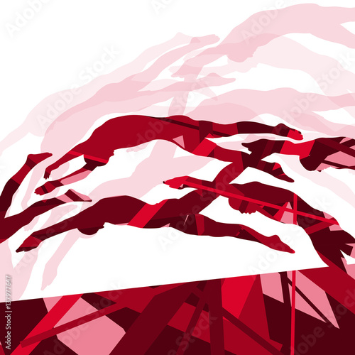 Active young swimmers diving and swimming in water sport pool silhouettes vector abstract background