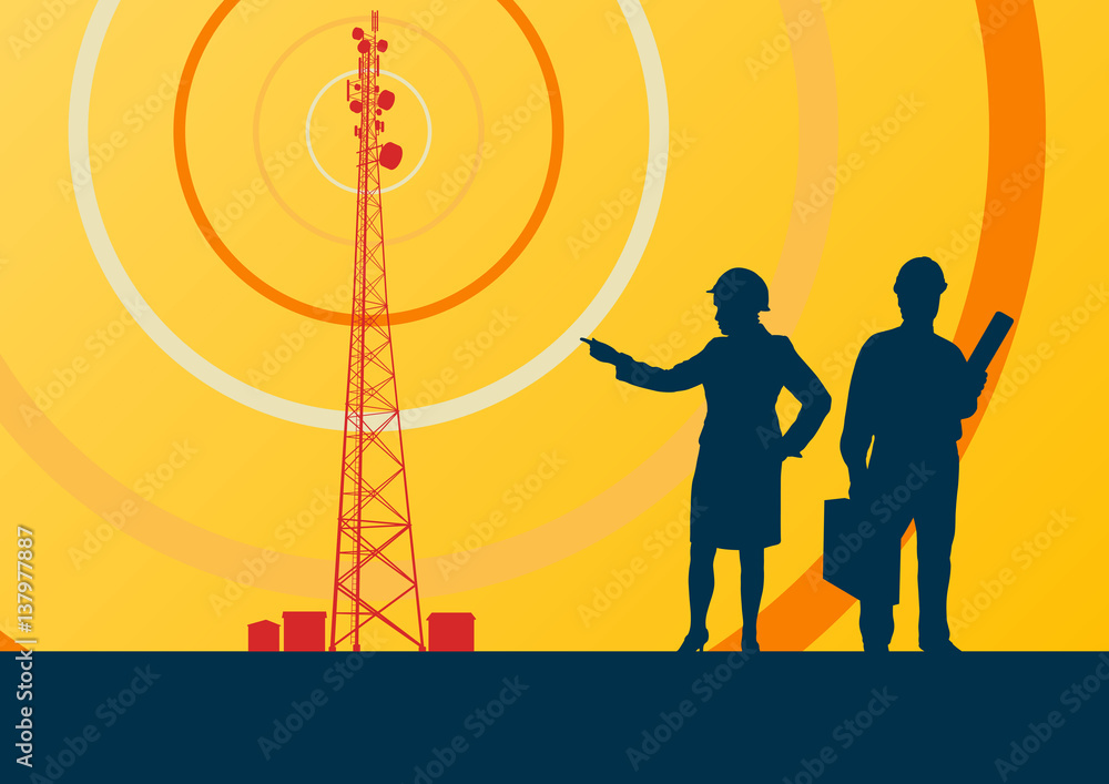 Telecommunication tower with television antennas and satellite dish engineer inspection vector background with illustrative abstract wireless