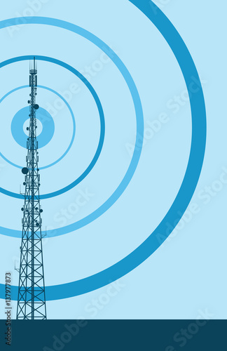 Telecommunication tower with television antennas and satellite dish vector background with illustrative abstract wireless
