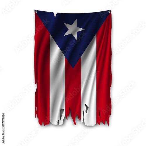 Torn by the wind national flag of Puerto rico. Ragged. The wavy fabric on white background. Realistic vector illustration.