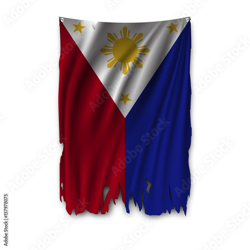 Torn by the wind national flag of Philippines. Ragged. The wavy fabric on white background. Realistic vector illustration.