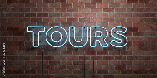 TOURS - fluorescent Neon tube Sign on brickwork - Front view - 3D rendered royalty free stock picture. Can be used for online banner ads and direct mailers.. photo