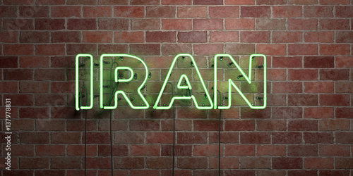 IRAN - fluorescent Neon tube Sign on brickwork - Front view - 3D rendered royalty free stock picture. Can be used for online banner ads and direct mailers..