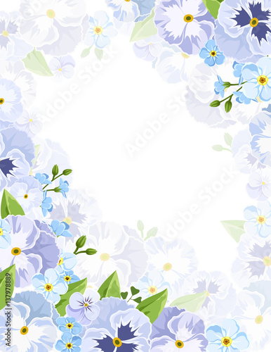 Vector background flyer with blue pansy and forget-me-not flowers and green leaves.