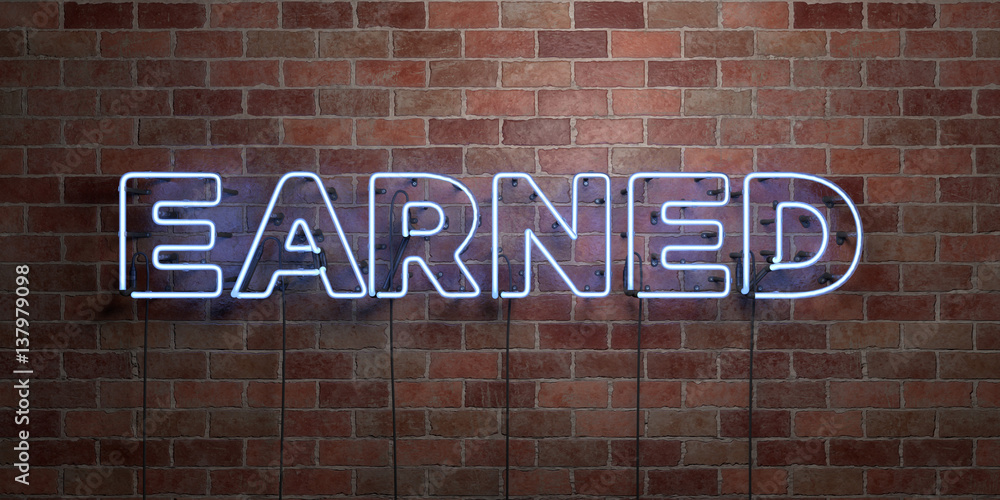 Obraz premium EARNED - fluorescent Neon tube Sign on brickwork - Front view - 3D rendered royalty free stock picture. Can be used for online banner ads and direct mailers..