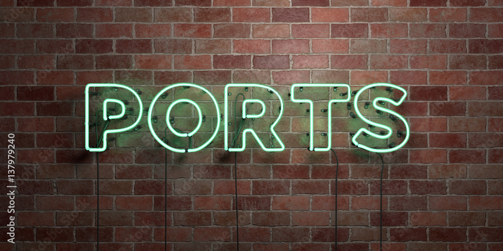 Obraz premium PORTS - fluorescent Neon tube Sign on brickwork - Front view - 3D rendered royalty free stock picture. Can be used for online banner ads and direct mailers..