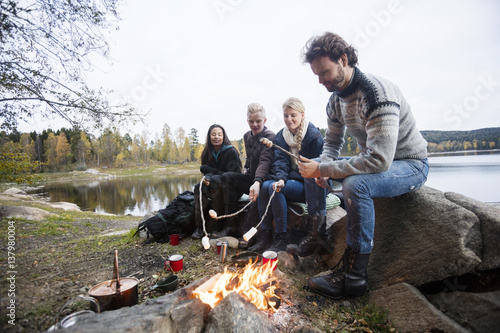 Friends Roasting Marshmallows Over Campfire At Lakeshore