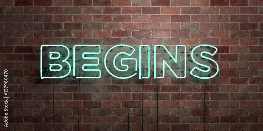 BEGINS - fluorescent Neon tube Sign on brickwork - Front view - 3D rendered royalty free stock picture. Can be used for online banner ads and direct mailers.. BEGINS - fluorescent Neon tube Sign on brickwork - Front view - 3D rendered royalty free stock picture. Can be used for online banner ads and direct mailers..