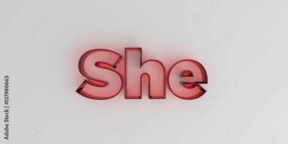 She - Red glass text on white background - 3D rendered royalty free stock image. She - Red glass text on white background - 3D rendered royalty free stock image.