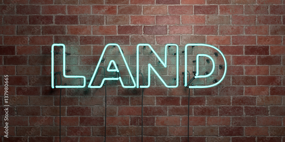 LAND - fluorescent Neon tube Sign on brickwork - Front view - 3D rendered royalty free stock picture. Can be used for online banner ads and direct mailers.. LAND - fluorescent Neon tube Sign on brickwork - Front view - 3D rendered royalty free stock picture. Can be used for online banner ads and direct mailers..