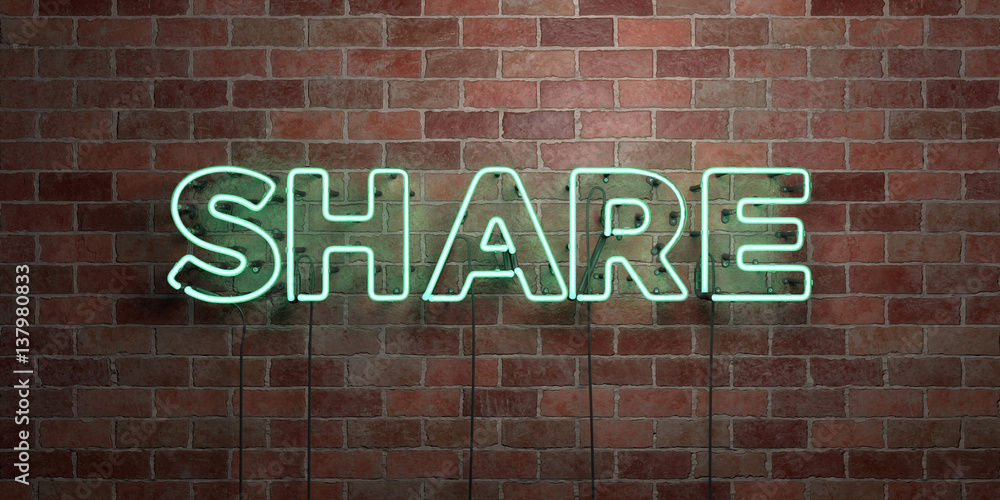 Fototapeta premium SHARE - fluorescent Neon tube Sign on brickwork - Front view - 3D rendered royalty free stock picture. Can be used for online banner ads and direct mailers..