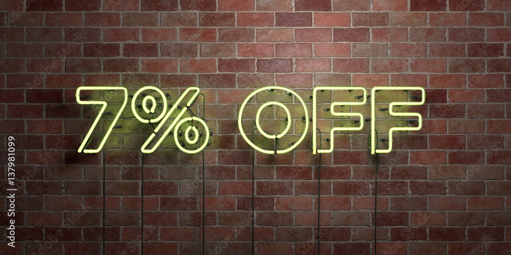 Obraz premium 7% OFF - fluorescent Neon tube Sign on brickwork - Front view - 3D rendered royalty free stock picture. Can be used for online banner ads and direct mailers..