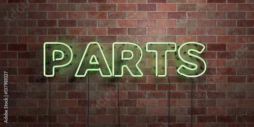 PARTS - fluorescent Neon tube Sign on brickwork - Front view - 3D rendered royalty free stock picture. Can be used for online banner ads and direct mailers..