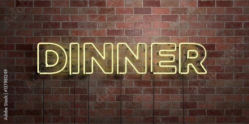 DINNER - fluorescent Neon tube Sign on brickwork - Front view - 3D rendered royalty free stock picture. Can be used for online banner ads and direct mailers..