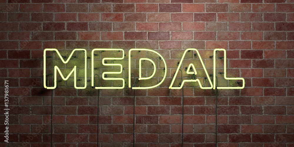 Obraz premium MEDAL - fluorescent Neon tube Sign on brickwork - Front view - 3D rendered royalty free stock picture. Can be used for online banner ads and direct mailers..