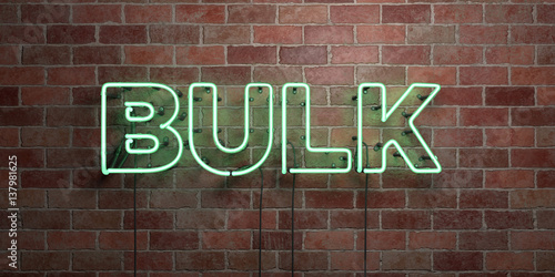 BULK - fluorescent Neon tube Sign on brickwork - Front view - 3D rendered royalty free stock picture. Can be used for online banner ads and direct mailers..