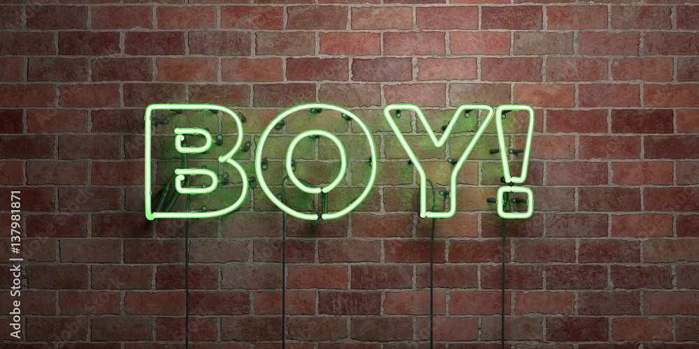 Obraz premium BOY! - fluorescent Neon tube Sign on brickwork - Front view - 3D rendered royalty free stock picture. Can be used for online banner ads and direct mailers..