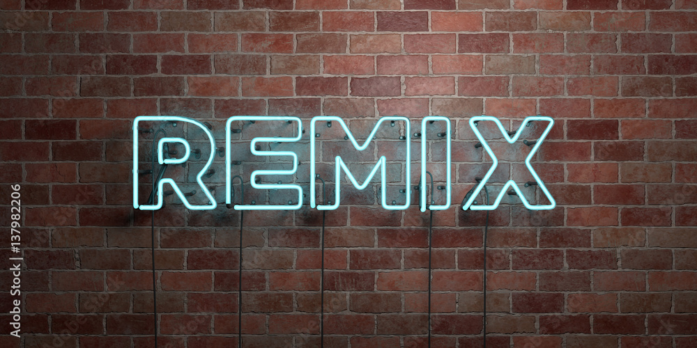 Obraz premium REMIX - fluorescent Neon tube Sign on brickwork - Front view - 3D rendered royalty free stock picture. Can be used for online banner ads and direct mailers..