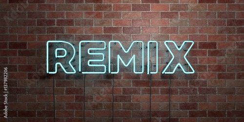 REMIX - fluorescent Neon tube Sign on brickwork - Front view - 3D rendered royalty free stock picture. Can be used for online banner ads and direct mailers..