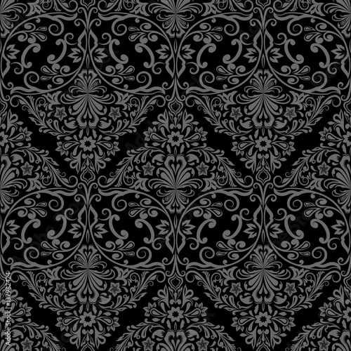 Seamless monochrome black and grey floral vector wallpaper pattern.