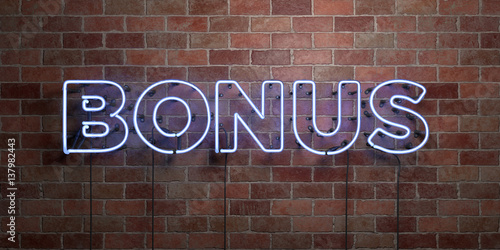 BONUS - fluorescent Neon tube Sign on brickwork - Front view - 3D rendered royalty free stock picture. Can be used for online banner ads and direct mailers.. photo