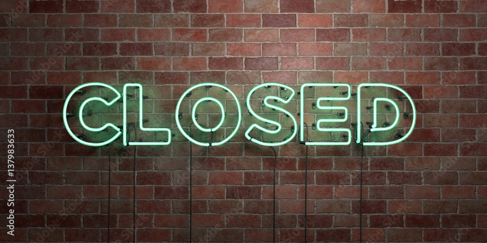 Obraz premium CLOSED - fluorescent Neon tube Sign on brickwork - Front view - 3D rendered royalty free stock picture. Can be used for online banner ads and direct mailers..