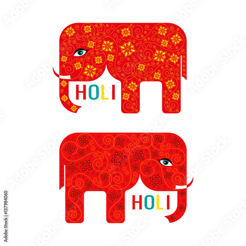 Abstract Happy Holi poster with two red elephants. Design for Indian Festival of Colours. Vector illustration