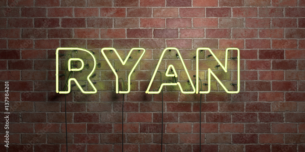 Obraz premium RYAN - fluorescent Neon tube Sign on brickwork - Front view - 3D rendered royalty free stock picture. Can be used for online banner ads and direct mailers..