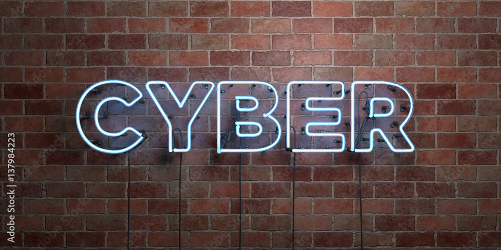 Obraz premium CYBER - fluorescent Neon tube Sign on brickwork - Front view - 3D rendered royalty free stock picture. Can be used for online banner ads and direct mailers..