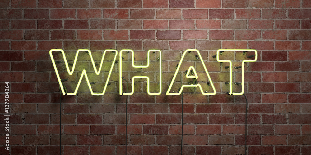 Fototapeta premium WHAT - fluorescent Neon tube Sign on brickwork - Front view - 3D rendered royalty free stock picture. Can be used for online banner ads and direct mailers..