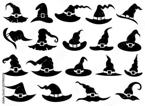 Set of different witch hats isolated on white