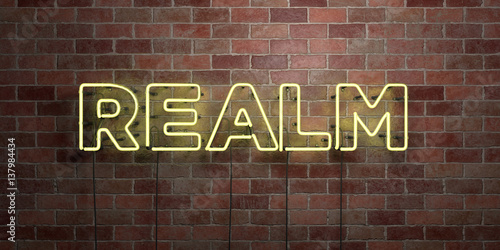 REALM - fluorescent Neon tube Sign on brickwork - Front view - 3D rendered royalty free stock picture. Can be used for online banner ads and direct mailers..