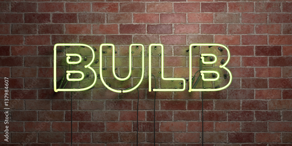 BULB - fluorescent Neon tube Sign on brickwork - Front view - 3D rendered royalty free stock picture. Can be used for online banner ads and direct mailers.. BULB - fluorescent Neon tube Sign on brickwork - Front view - 3D rendered royalty free stock picture. Can be used for online banner ads and direct mailers..