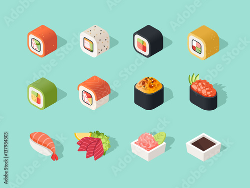 Isometric sushi icons on blue background for other sushi categories. 