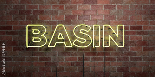 BASIN - fluorescent Neon tube Sign on brickwork - Front view - 3D rendered royalty free stock picture. Can be used for online banner ads and direct mailers..