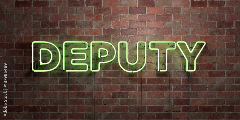Fototapeta premium DEPUTY - fluorescent Neon tube Sign on brickwork - Front view - 3D rendered royalty free stock picture. Can be used for online banner ads and direct mailers..