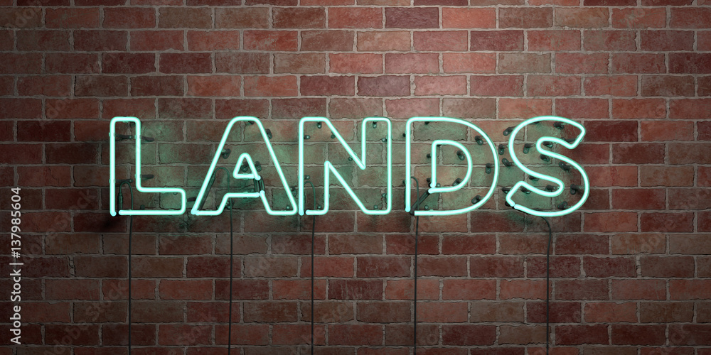 Obraz premium LANDS - fluorescent Neon tube Sign on brickwork - Front view - 3D rendered royalty free stock picture. Can be used for online banner ads and direct mailers..