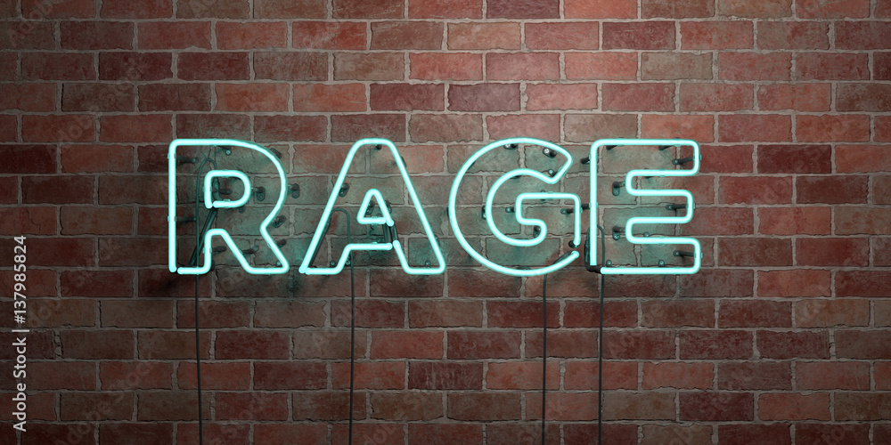 RAGE - fluorescent Neon tube Sign on brickwork - Front view - 3D rendered royalty free stock picture. Can be used for online banner ads and direct mailers.. RAGE - fluorescent Neon tube Sign on brickwork - Front view - 3D rendered royalty free stock picture. Can be used for online banner ads and direct mailers..