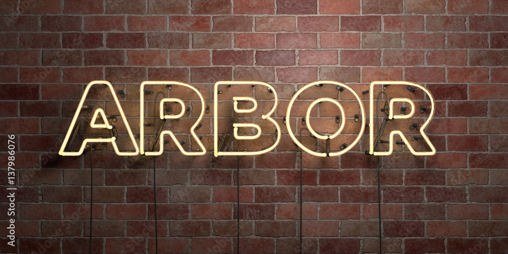 Fototapeta premium ARBOR - fluorescent Neon tube Sign on brickwork - Front view - 3D rendered royalty free stock picture. Can be used for online banner ads and direct mailers..